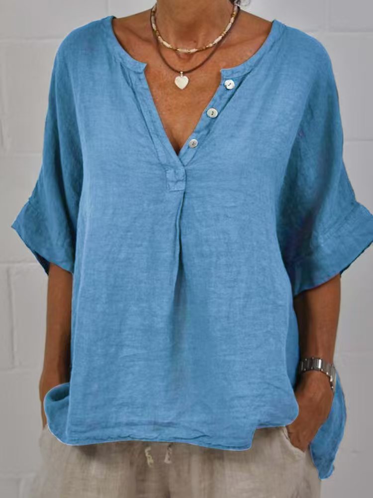 Cotton-linen Solid-color Door-cuff V-neck Button-up Shirt