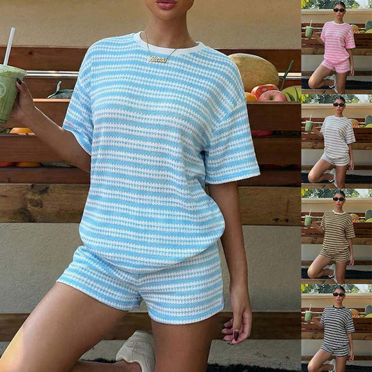 Womens Crew-Neck Spliced Short-Sleeve Shorts Set