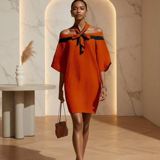 One shoulder bow collar dress