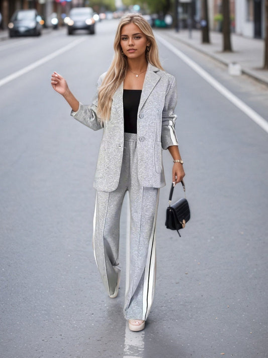 Women's New Fashionable And Elegant Women's Suit Top&pants Set - Long Sleeved Pants With Side Striped Details On The Collar, Spring And Autumn Solid Color Casual Wear, Flannel, Suit CJ US