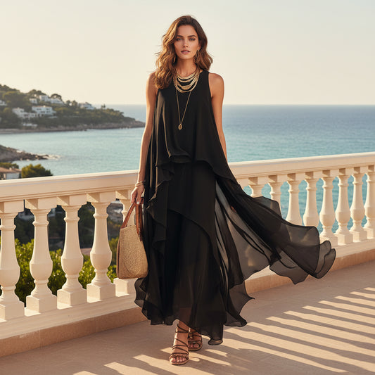 Chic Flowy Black Sleeveless Asymmetrical Chiffon Long Dress