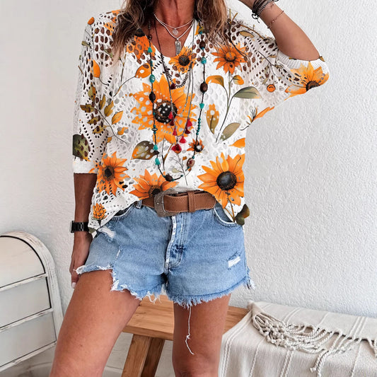 Womens Hollowed-Out Batwing-Sleeve Sweater With 3D Knitted Print