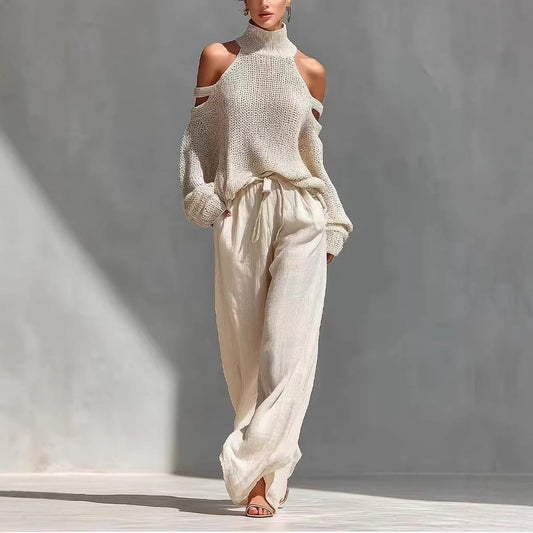 Womens Long-Sleeve Turtleneck Top And Pants Two-Piece Set