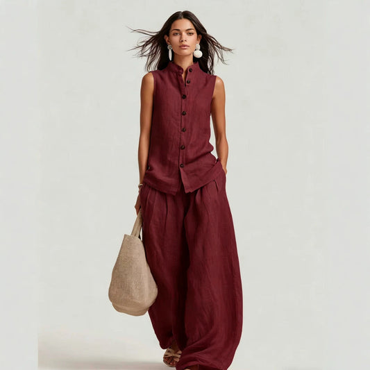 Stand-up Collar Sleeveless Shirt And High-waisted Wide-leg Pants Set