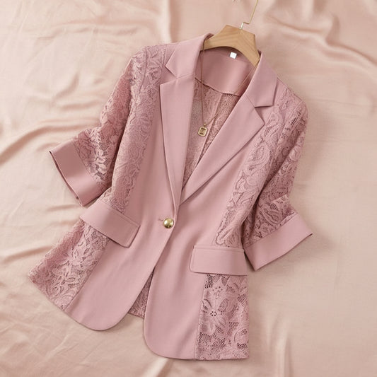 Solid color lace patchwork small suit jacket for women's top