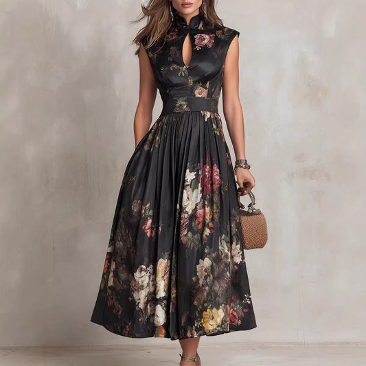 Sleeveless black digital printed long skirt