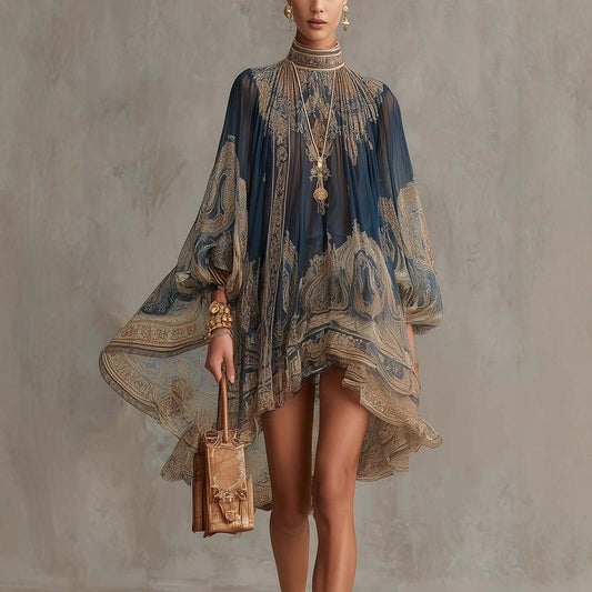 Printed Long Sleeve High Neck Loose Dress