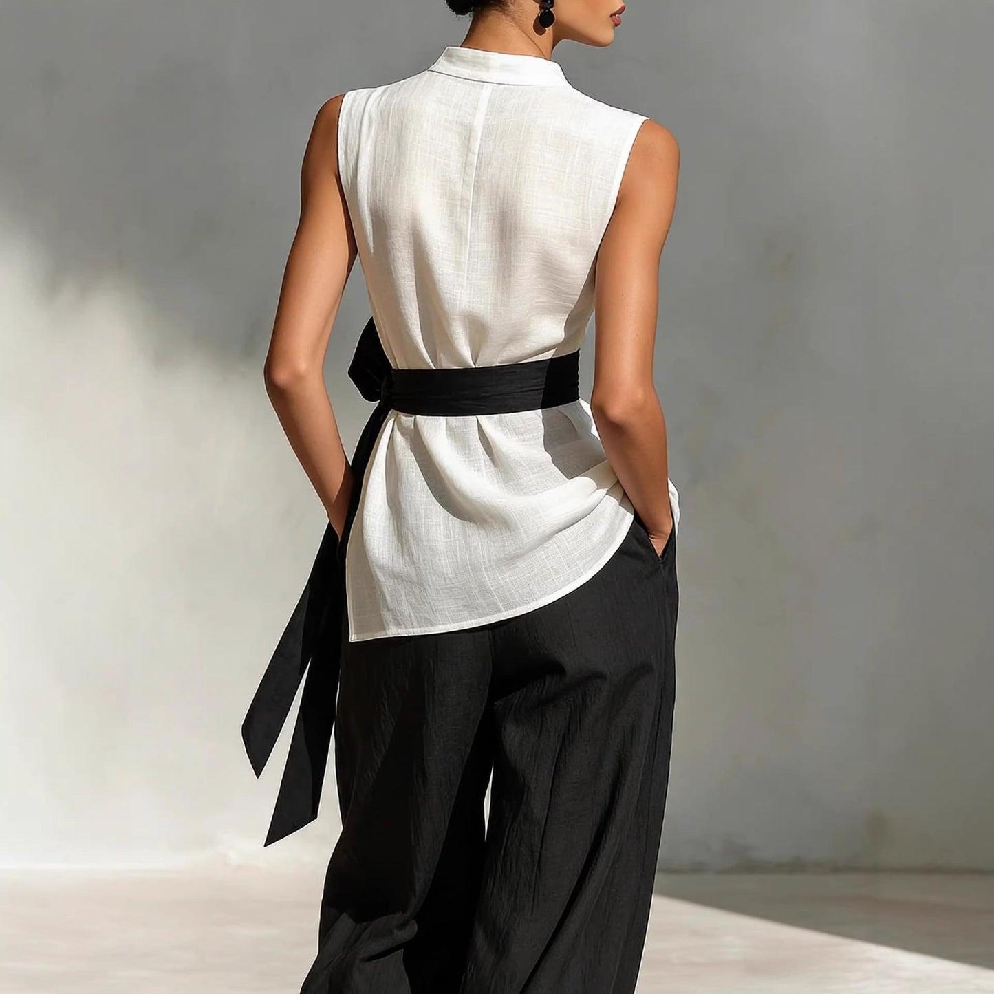 Two piece set of lace up sleeveless top and wide leg pants