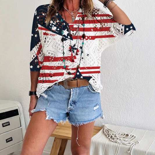 Womens Hollowed-Out Batwing-Sleeve Sweater With 3D Knitted Print