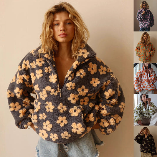 Winter Flowers Lambskin Sweatshirt With Big Pocket Casual Loose Zip-up Lapel Pullover Top Women's Clothing