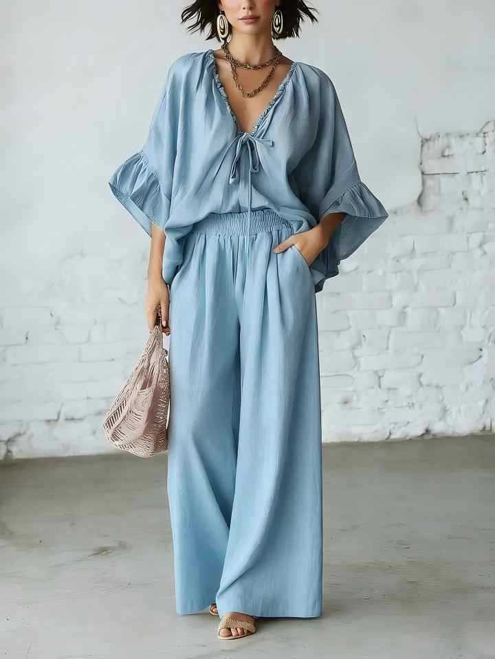 Loose-fit Cotton-linen V-neck Wide-leg Pants Two-piece Set