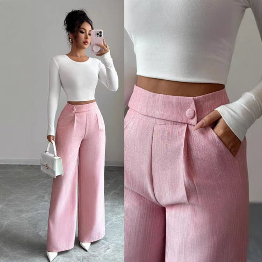 Womens Solid-color Casual All-match Long Pants With A Waist Panel Seam