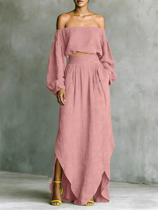 Casual Off-shoulder Top And An Asymmetrical Skirt Two Pieces