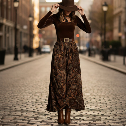 Slim fit printed long skirt set with belt