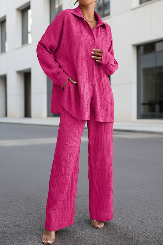 Summer New European And American Style Pleated Long-Sleeve Lapel Loose Two-Piece Set
