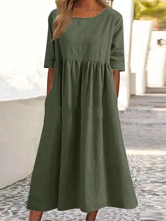 Plus Size Loose Cotton Linen Dress, Round Neck Sleeve Midi Dress With Pockets