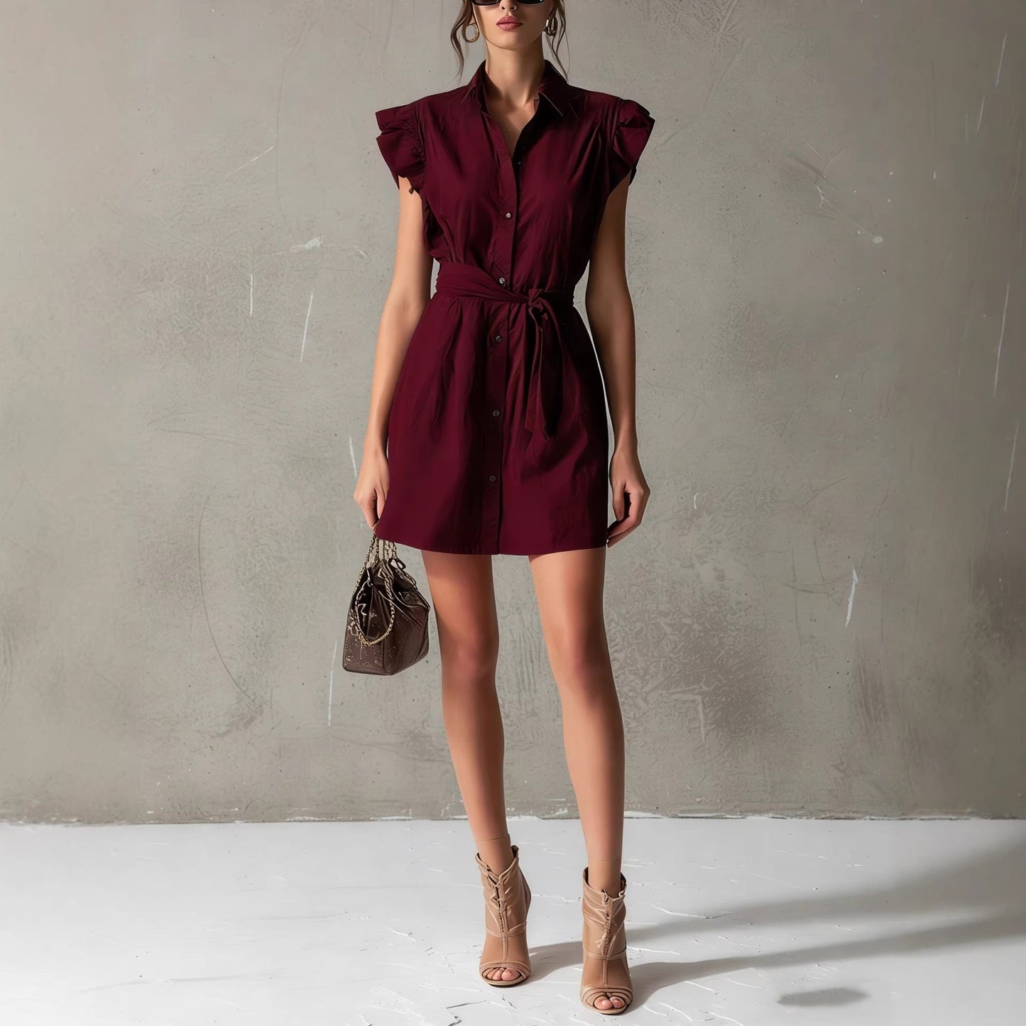 Dropped-shoulder Sleeve Polo-neck Lace-up Dress