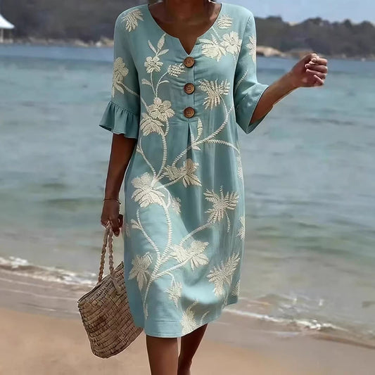 Resort Style V Neck Printed Loose Fitting Mid Sleeve Dress