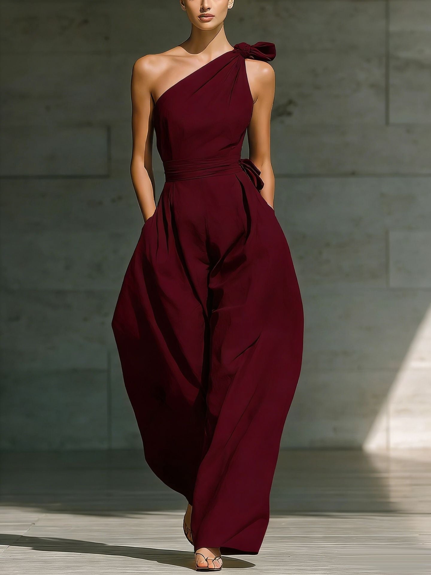 Loose-fitting Sleeveless Off-shoulder Belted Jumpsuit