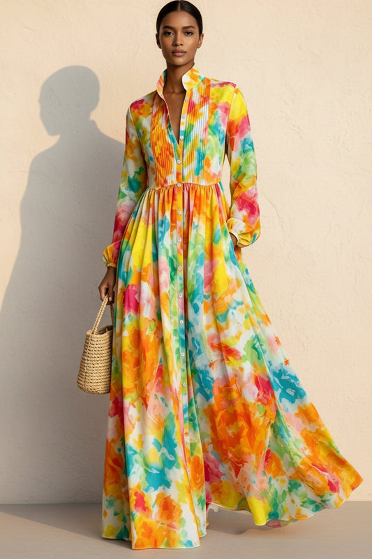 New Style Shirt Dress with Floral Digital Printing Long Dress