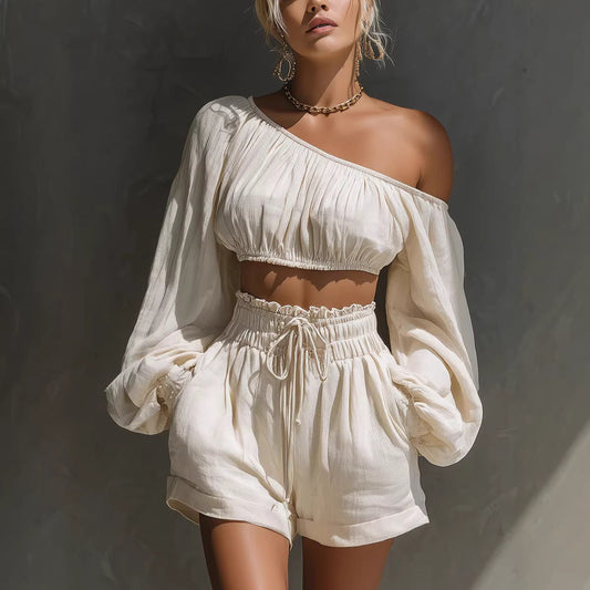 Shoulder long sleeved short top+high waisted casual shorts set for women
