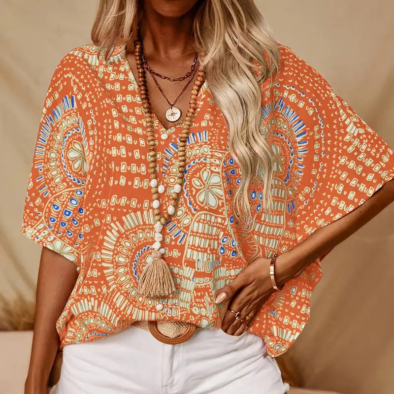 Mandala Print V-Neck Blouse – Casual Vacation Top CJ US