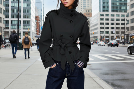 Womens Buttoned Waist-Cinching Lace-Up Trench Coat