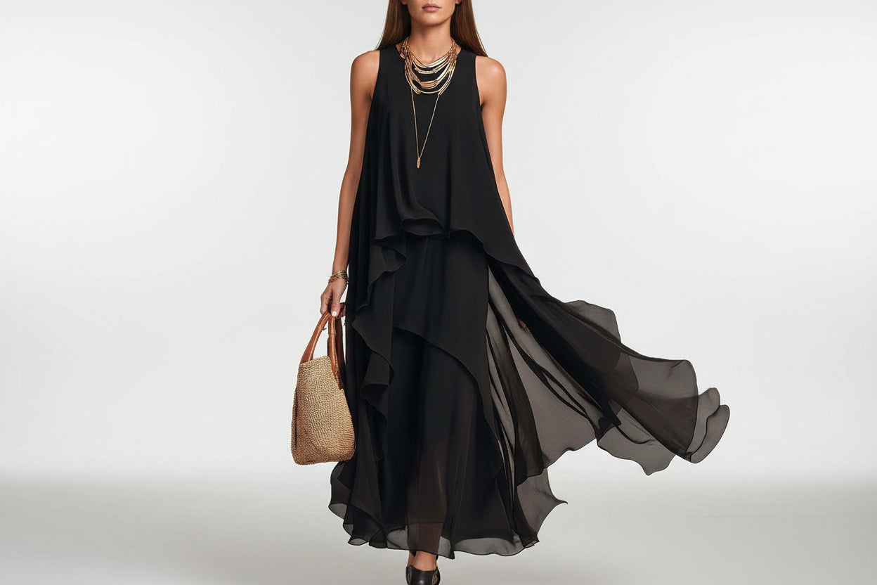 Black Sleeveless Asymmetrical Chiffon Maxi Elegant Flowing Womens Dress