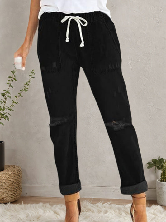2025 New Women's Casual Set Wearing Distressed Stretch Jeans, Elastic Waisted Jeans, Denim Jogging Pants CJ US