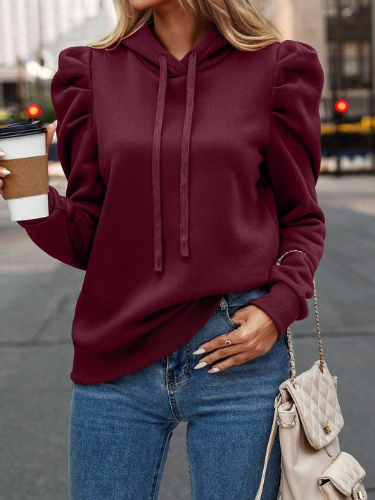 Autumn New Arrival Casual Minimalist Puff Sleeve Drawstring Hoodie Slim Fit Commuter Basic Long Sleeve Sweatshirt CJ US