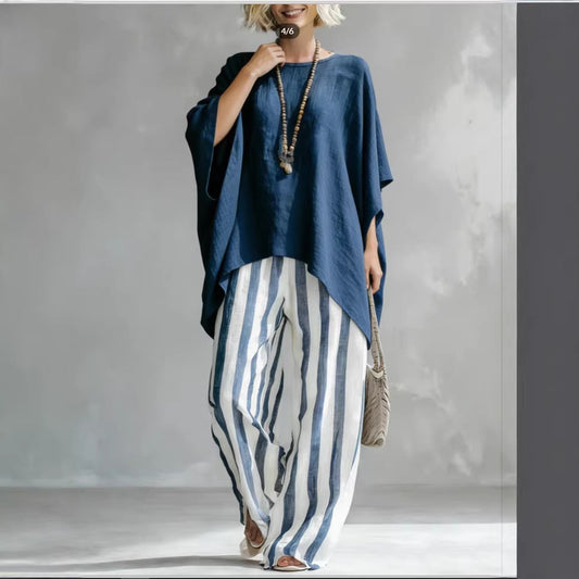 New Striped Batwing-Sleeve Loose Cotton-Linen Two-Piece Set