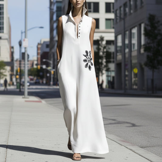 Heat-transfer Graphic Pocket Casual Mandarin-collar Cotton-linen Dress