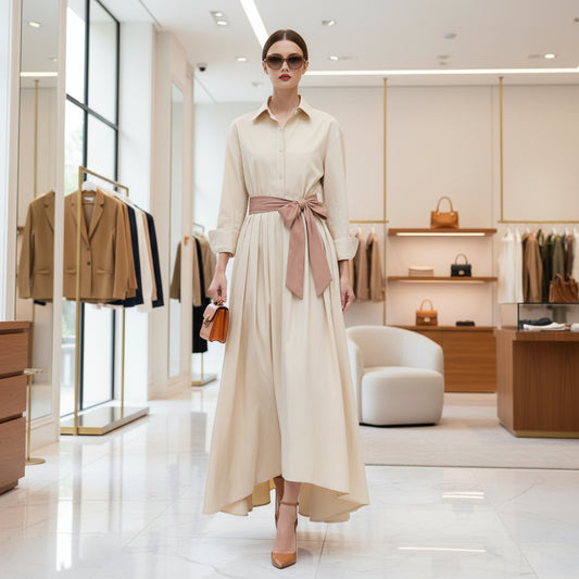 Long sleeved shirt collar solid color long skirt dress