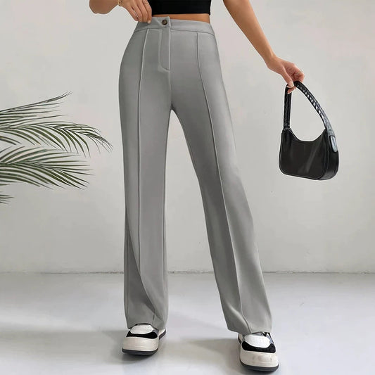 Womens Straight Flare Pants With High-Waisted Stitching Details