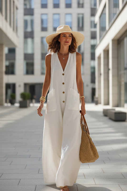 Simple And Comfortable Cotton-Linen Sleeveless Wide-Leg Jumpsuit With Button Pockets