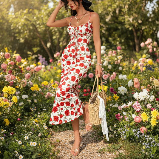 Romantic Vintage Beach Vacation Style Tie-Waist Floral Wrap Bodice Fitted Long Strap Dress