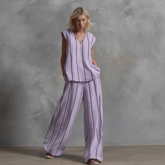 French Minimalist Black And White Vertical Stripe Loose Cotton-Linen Womens Set