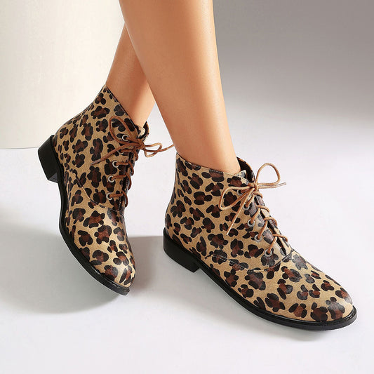 Autumn/winter casual low heel leopard print extra large size lace-up low-cut Martin boots Made to order, ships in 7 days