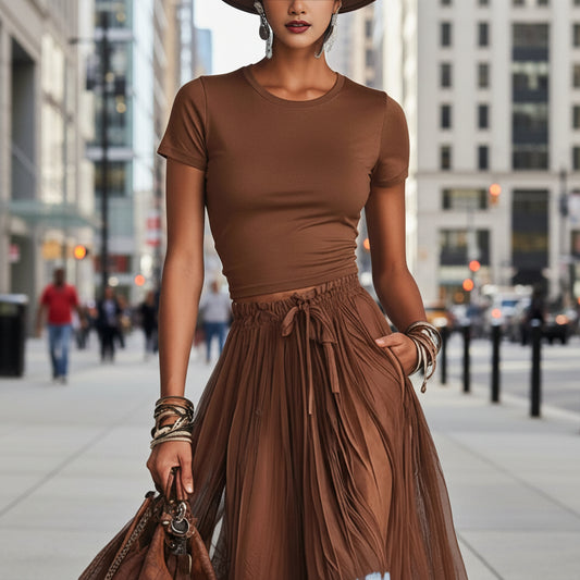 Short-sleeve Top And Lace-panel Midi Skirt Set