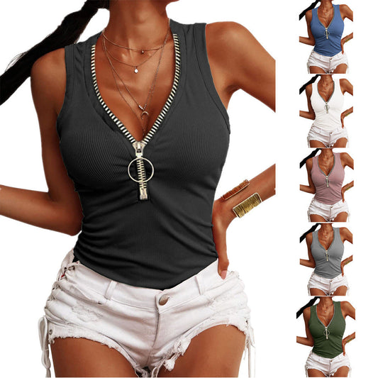 Threaded Zipper Slim-fit Vest Top T-shirt