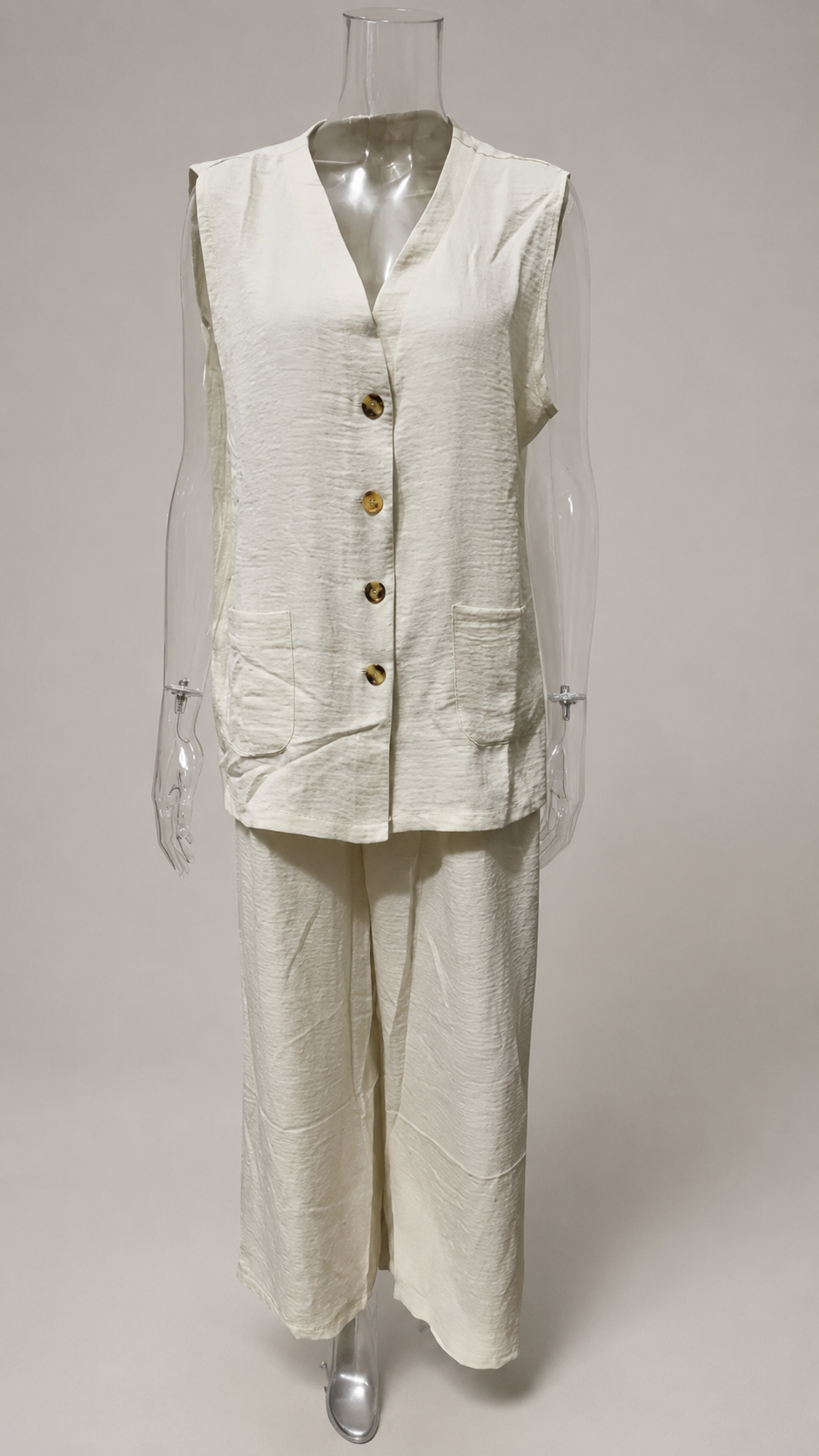 Women's Solid Linen Sleeveless Tank Top & Full-Length Pants Set