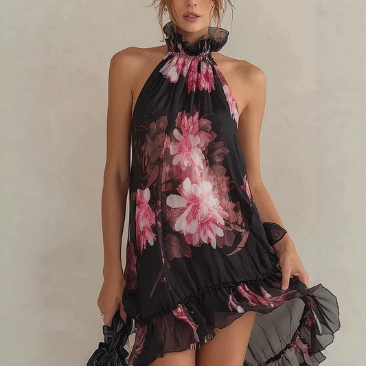 Summer New Women's Chiffon Printed Off-Shoulder Sexy Dress