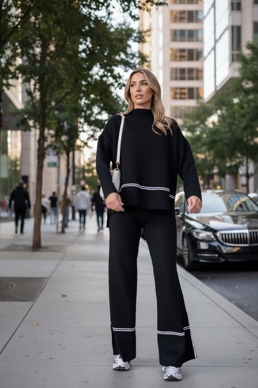 Women’s Solid Color Casual Two-Piece Set – Loose Top & Bootcut Pants Suit - FitiqueFit