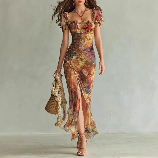 V-neck waist cinched ruffle edge dress