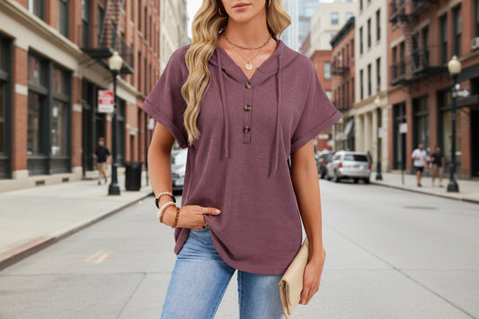 Womens Waffle-Weave Hooded Drawstring Short-Sleeve Top With Buttons