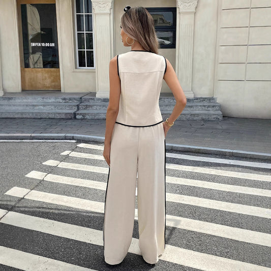 Women's Contrast Color Sleeveless Single-breasted Vest And Drawstring Trousers Suit