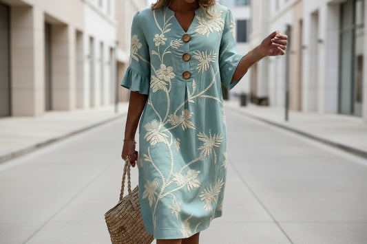 Resort Style V Neck Printed Loose Fitting Mid Sleeve Dress