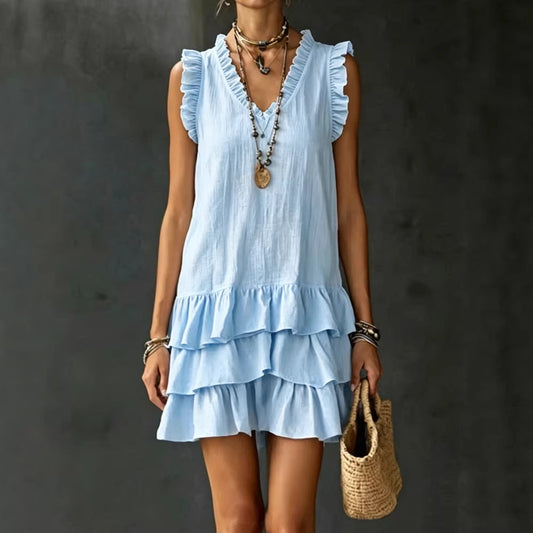 Women's Casual V-Neck Ruffle-Trim Sleeveless Dress