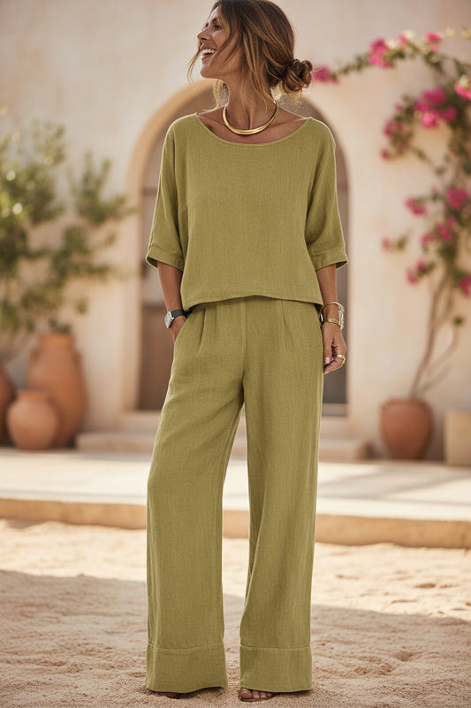 Cotton-Linen Minimalist Elegant Resort Short-Sleeve Pants Set