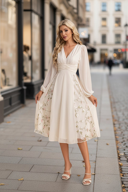 Floral Long-Sleeve V-Neck Pleated Dress For Women